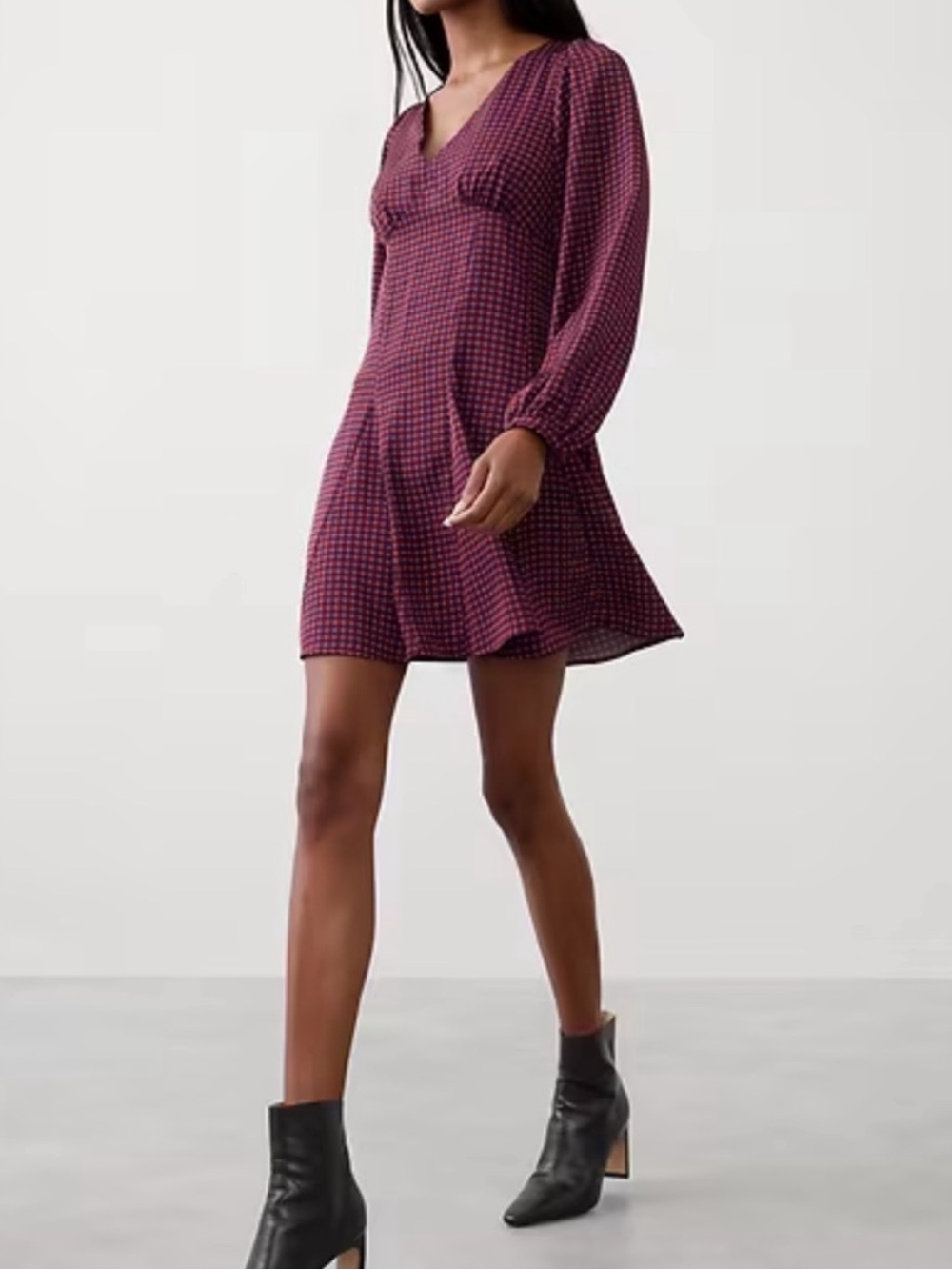 Banana Republic Plum Moden Patterned Long Puff Sleeve V-Neck Mini Dress